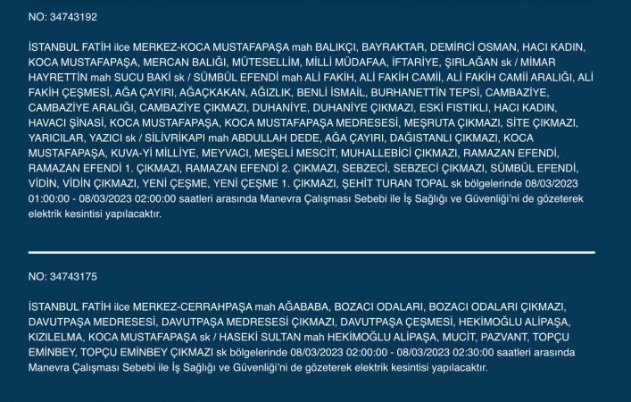 İstanbul Elektrik Kesintisi (8 MART 2023) | Avcılar, Esenyurt, Bahçelievler, Bağcılar, Eyüp, Fatih, Şişli, Eyüpsultan, Gaziosmanpaşa Elektrik Kesintisi Yapılacak! Elektrik Arıza Sorgulama…