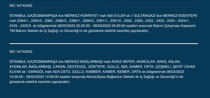 İstanbul Elektrik Kesintisi (8 MART 2023) | Avcılar, Esenyurt, Bahçelievler, Bağcılar, Eyüp, Fatih, Şişli, Eyüpsultan, Gaziosmanpaşa Elektrik Kesintisi Yapılacak! Elektrik Arıza Sorgulama…