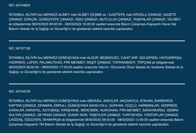 İstanbul Elektrik Kesintisi (8 MART 2023) | Avcılar, Esenyurt, Bahçelievler, Bağcılar, Eyüp, Fatih, Şişli, Eyüpsultan, Gaziosmanpaşa Elektrik Kesintisi Yapılacak! Elektrik Arıza Sorgulama…