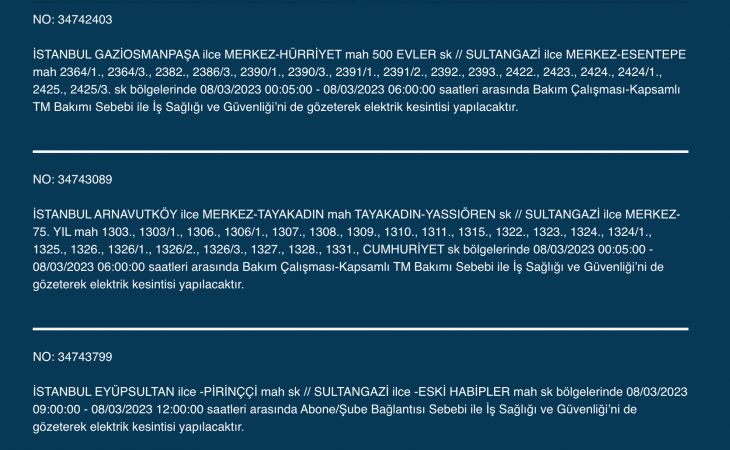 İstanbul Elektrik Kesintisi (8 MART 2023) | Avcılar, Esenyurt, Bahçelievler, Bağcılar, Eyüp, Fatih, Şişli, Eyüpsultan, Gaziosmanpaşa Elektrik Kesintisi Yapılacak! Elektrik Arıza Sorgulama…