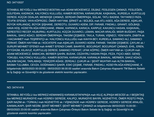İstanbul Elektrik Kesintisi (8 MART 2023) | Avcılar, Esenyurt, Bahçelievler, Bağcılar, Eyüp, Fatih, Şişli, Eyüpsultan, Gaziosmanpaşa Elektrik Kesintisi Yapılacak! Elektrik Arıza Sorgulama…