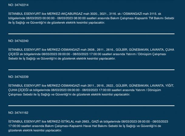 İstanbul Elektrik Kesintisi (8 MART 2023) | Avcılar, Esenyurt, Bahçelievler, Bağcılar, Eyüp, Fatih, Şişli, Eyüpsultan, Gaziosmanpaşa Elektrik Kesintisi Yapılacak! Elektrik Arıza Sorgulama…