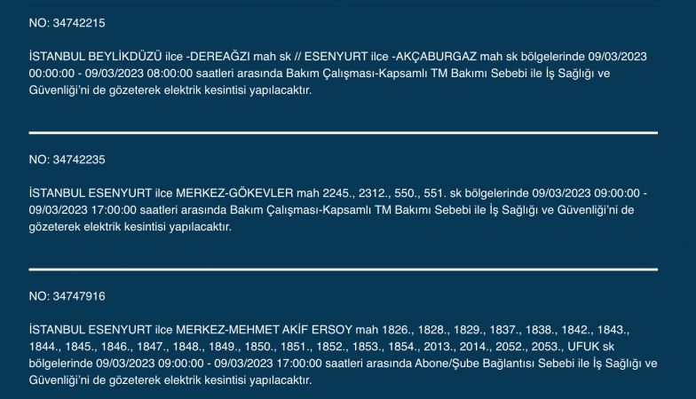 İstanbullular bu saatlere dikkat! Yüzlerce adres karanlıkta kalacak (9 MART PERŞEMBE)