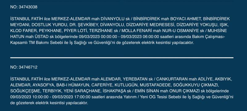 İstanbullular bu saatlere dikkat! Yüzlerce adres karanlıkta kalacak (9 MART PERŞEMBE)