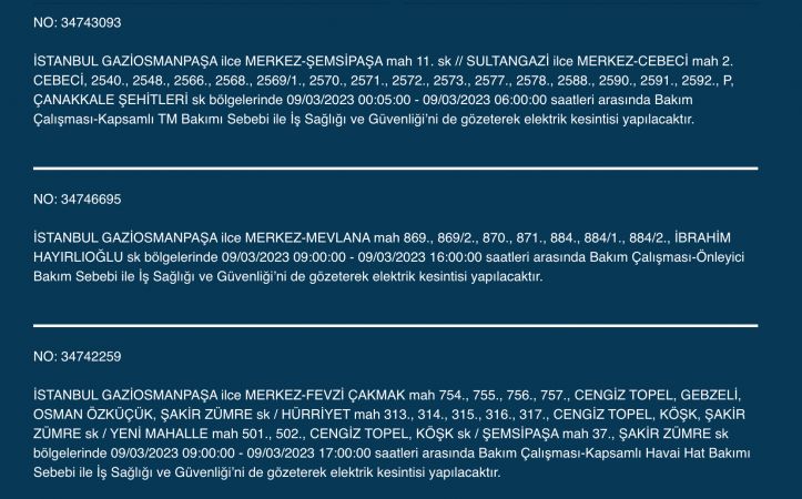 İstanbullular bu saatlere dikkat! Yüzlerce adres karanlıkta kalacak (9 MART PERŞEMBE)