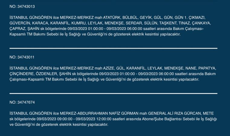 İstanbullular bu saatlere dikkat! Yüzlerce adres karanlıkta kalacak (9 MART PERŞEMBE)