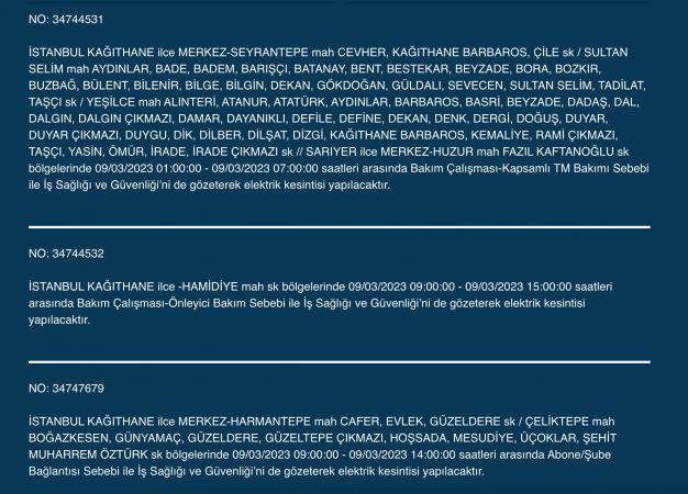İstanbullular bu saatlere dikkat! Yüzlerce adres karanlıkta kalacak (9 MART PERŞEMBE)