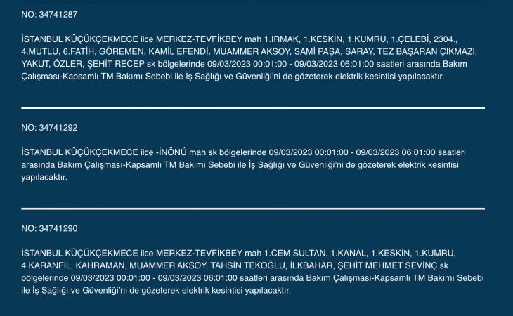 İstanbullular bu saatlere dikkat! Yüzlerce adres karanlıkta kalacak (9 MART PERŞEMBE)