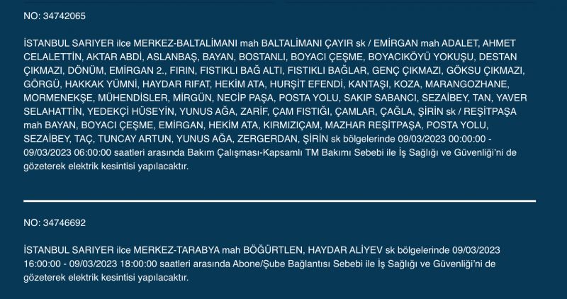 İstanbullular bu saatlere dikkat! Yüzlerce adres karanlıkta kalacak (9 MART PERŞEMBE)