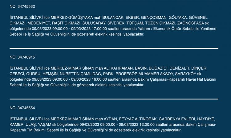 İstanbullular bu saatlere dikkat! Yüzlerce adres karanlıkta kalacak (9 MART PERŞEMBE)