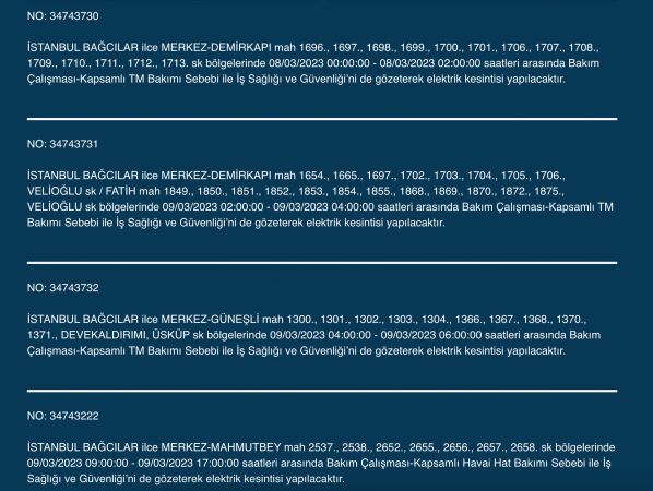 İstanbullular bu saatlere dikkat! Yüzlerce adres karanlıkta kalacak (9 MART PERŞEMBE)