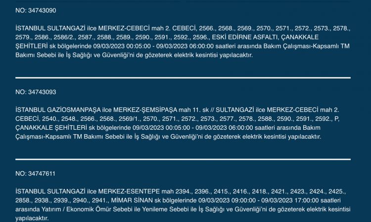 İstanbullular bu saatlere dikkat! Yüzlerce adres karanlıkta kalacak (9 MART PERŞEMBE)