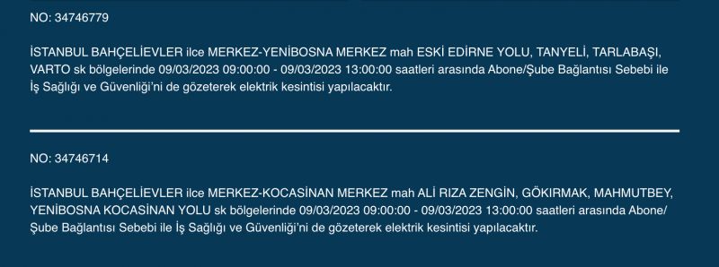 İstanbullular bu saatlere dikkat! Yüzlerce adres karanlıkta kalacak (9 MART PERŞEMBE)