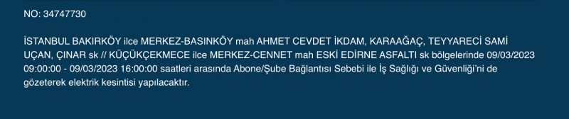 İstanbullular bu saatlere dikkat! Yüzlerce adres karanlıkta kalacak (9 MART PERŞEMBE)