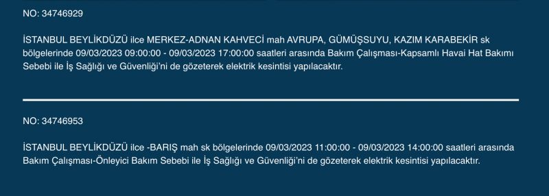 İstanbullular bu saatlere dikkat! Yüzlerce adres karanlıkta kalacak (9 MART PERŞEMBE)