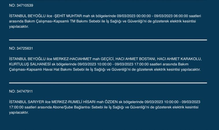 İstanbullular bu saatlere dikkat! Yüzlerce adres karanlıkta kalacak (9 MART PERŞEMBE)