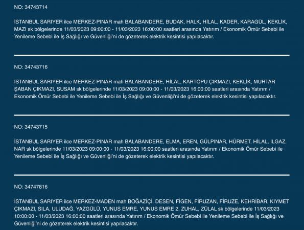 İstanbul’da elektrikler kesilecek! 11 Mart Cumartesi gününe dikkat! İstanbul’da elektrikler kesilecek! 11 Mart Cumartesi gününe dikkat!