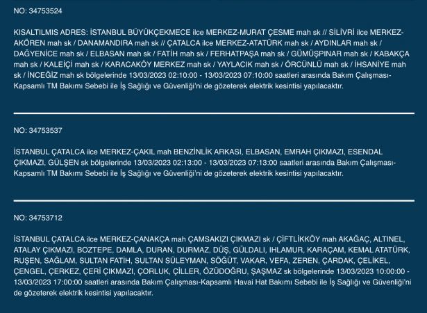 İstanbul’un yüzlerce sokağında elektrikler kesilecek (13 Mart) | Bu adreslere dikkat! İstanbul’un yüzlerce sokağında elektrikler kesilecek (13 Mart) | Bu adreslere dikkat!