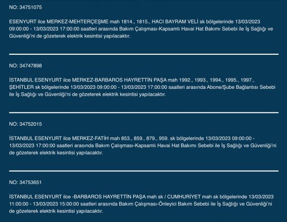 İstanbul’un yüzlerce sokağında elektrikler kesilecek (13 Mart) | Bu adreslere dikkat! İstanbul’un yüzlerce sokağında elektrikler kesilecek (13 Mart) | Bu adreslere dikkat!