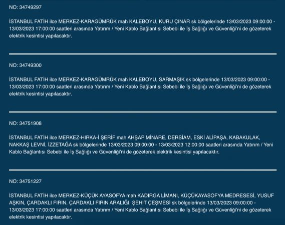 İstanbul’un yüzlerce sokağında elektrikler kesilecek (13 Mart) | Bu adreslere dikkat! İstanbul’un yüzlerce sokağında elektrikler kesilecek (13 Mart) | Bu adreslere dikkat!
