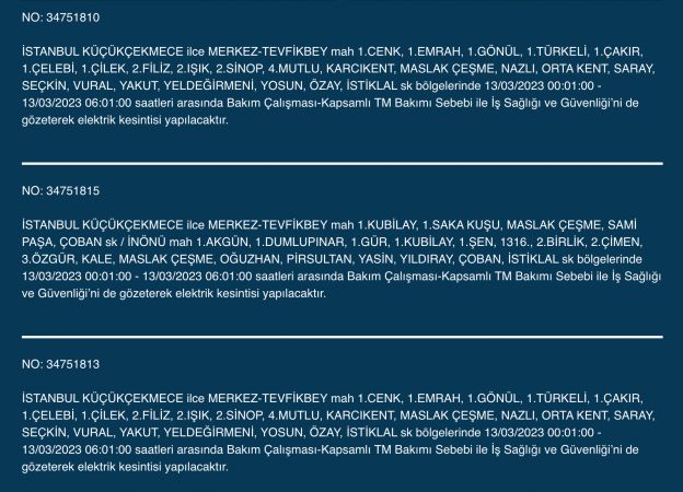 İstanbul’un yüzlerce sokağında elektrikler kesilecek (13 Mart) | Bu adreslere dikkat! İstanbul’un yüzlerce sokağında elektrikler kesilecek (13 Mart) | Bu adreslere dikkat!