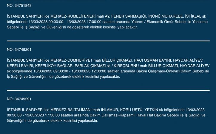 İstanbul’un yüzlerce sokağında elektrikler kesilecek (13 Mart) | Bu adreslere dikkat! İstanbul’un yüzlerce sokağında elektrikler kesilecek (13 Mart) | Bu adreslere dikkat!