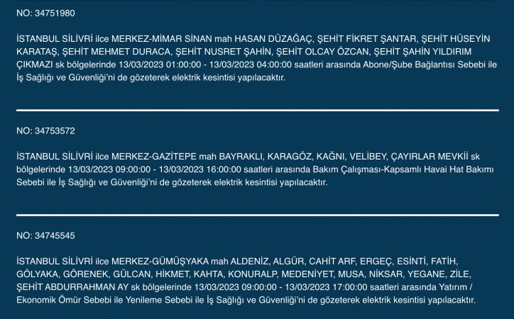 İstanbul’un yüzlerce sokağında elektrikler kesilecek (13 Mart) | Bu adreslere dikkat! İstanbul’un yüzlerce sokağında elektrikler kesilecek (13 Mart) | Bu adreslere dikkat!