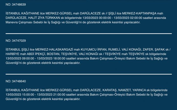 İstanbul’un yüzlerce sokağında elektrikler kesilecek (13 Mart) | Bu adreslere dikkat! İstanbul’un yüzlerce sokağında elektrikler kesilecek (13 Mart) | Bu adreslere dikkat!