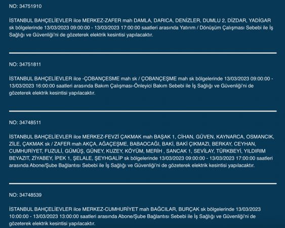 İstanbul’un yüzlerce sokağında elektrikler kesilecek (13 Mart) | Bu adreslere dikkat! İstanbul’un yüzlerce sokağında elektrikler kesilecek (13 Mart) | Bu adreslere dikkat!