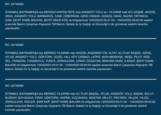 İstanbul’un yüzlerce sokağında elektrikler kesilecek (13 Mart) | Bu adreslere dikkat! İstanbul’un yüzlerce sokağında elektrikler kesilecek (13 Mart) | Bu adreslere dikkat!