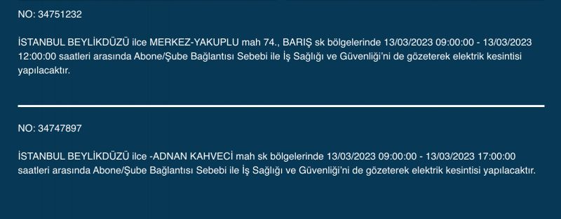 İstanbul’un yüzlerce sokağında elektrikler kesilecek (13 Mart) | Bu adreslere dikkat! İstanbul’un yüzlerce sokağında elektrikler kesilecek (13 Mart) | Bu adreslere dikkat!