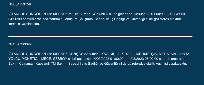 Megakente uyarı! Yüzlerce adreste elektrikler saatlerce kesilecek! (14 Mart) Megakente uyarı! Yüzlerce adreste elektrikler saatlerce kesilecek! (14 Mart)