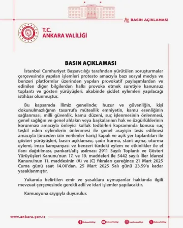 Ankara Valiliğinden 5 günlük eylem yasağı kararı