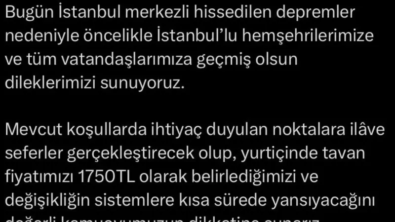 THY’den deprem sonrası bilet düzenlemesi