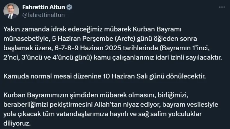 İletişim Başkanı Altun, Kurban Bayramı idari izinlerine ilişkin açıklama yaptı