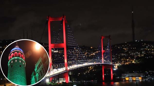 Köprüler ve Galata Kulesi Azerbaycan renklerine büründü