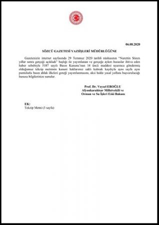 Prof.Dr.Veysel EROĞLU’ dan Sözcü Gazetesi’ne tekzip