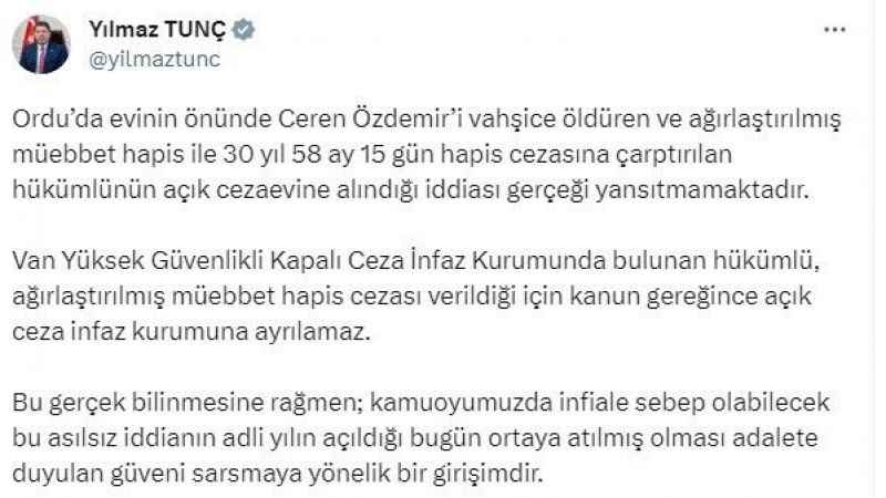 Bakan Tunç'tan , Ceren Özdemir açıklaması ! Bakan Tunç'tan , Ceren Özdemir açıklaması !