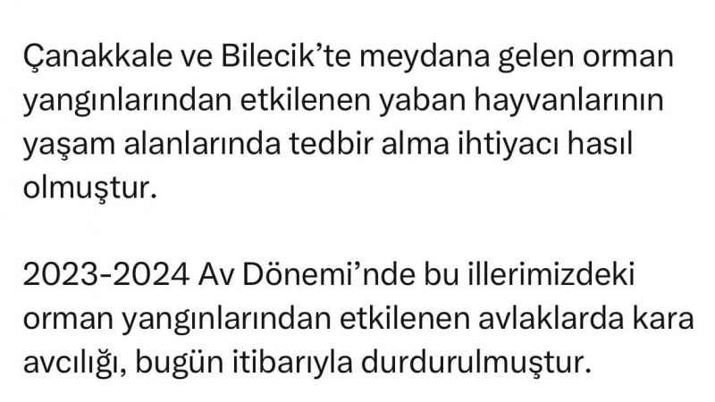 Bakan Yumaklı açıkladı "Orman yangınlarından etkilenen Bilecik'te avlaklarda kara avcılığı durduruldu"