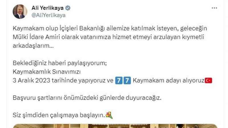 İçişleri Bakanı Yerlikaya, 77 kaymakam adayı alınacağını duyurdu