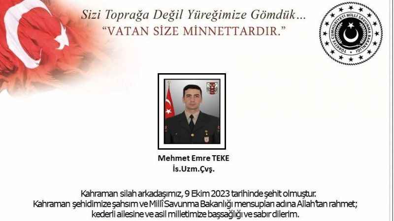Pençe Kilit'te Uzman Çavuş Mehmet Emre Teke şehit düştü