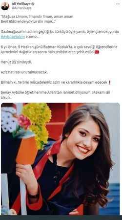 İçişleri Bakanı Yerlikaya şehit öğretmen Aybüke Yalçın’ı andı