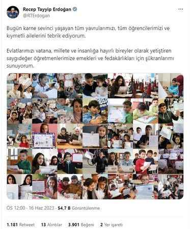  Cumhurbaşkanı Erdoğan karne alan öğrencileri tebrik etti