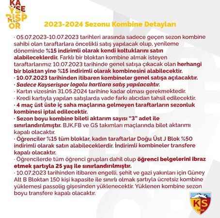 Kayserispor, kombine bilet fiyatlarını belirledi Kayserispor, kombine bilet fiyatlarını belirledi