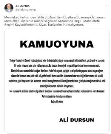 Memleket Partisi'nden bir istifa daha: Amaç kazanmak değil! 