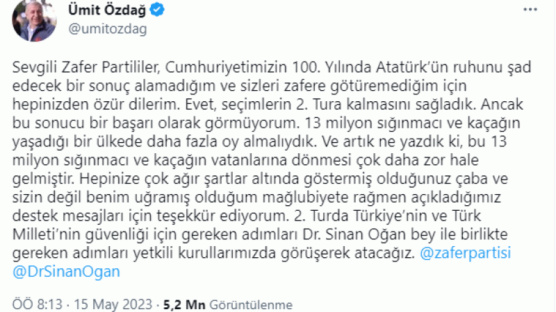 Ümit Özdağ'dan partililere özür mesajı Ümit Özdağ'dan partililere özür mesajı