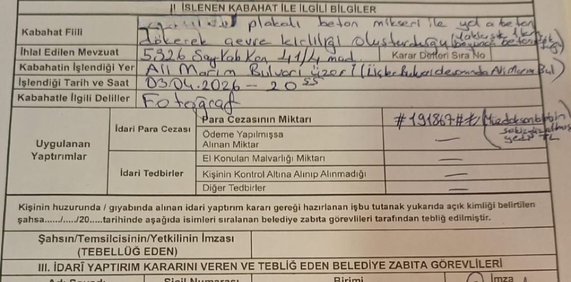 1 kilometre boyunca yola beton döken miksere 191 bin lira ceza kesildi
