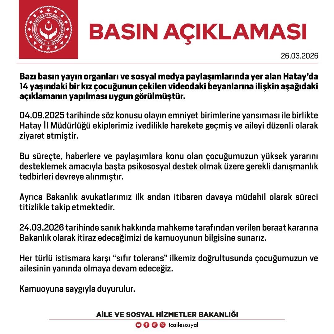 14 yaşındaki kız çocuğunun taciz iddialarına verilen beraat kararına Bakanlık itiraz edecek
14 yaşındaki kız çocuğunun taciz iddialarına verilen beraat kararına Bakanlık itiraz edecek