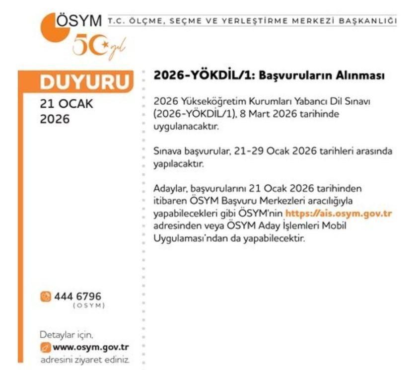 2026 YÖKDİL-1 başvuruları başladı
