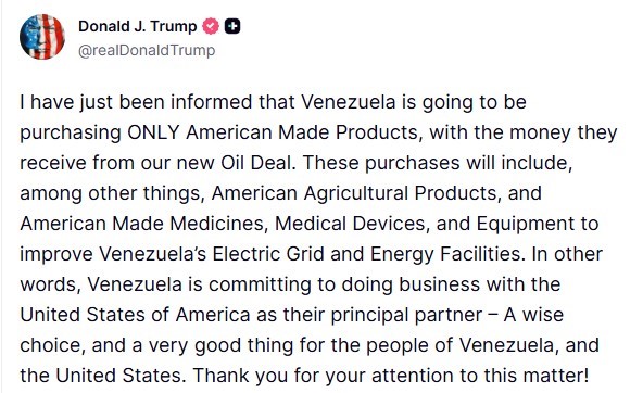 ABD Başkan Trump: "Venezuela, petrol anlaşmasından elde edeceği gelirle yalnızca ABD yapımı ürünleri satın alacak"

